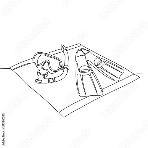 Snorkel and fins on beach towel in minimal line drawing style  