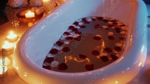 Relaxing spa evening with candlelight and rose petals in a serene bathroom setting