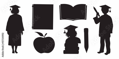 Silhouette of Education Essentials: An assortment of silhouetted elements representing educational symbols, including student figures, books, pencils, and an apple.