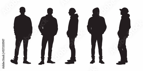 Silhouetted Individuals: a collection of human silhouettes in varied stances, captured in monochrome, ideal for concepts of anonymity and artistic representations.