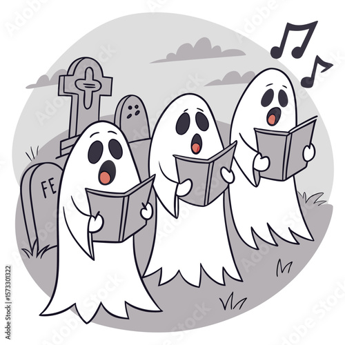 Three cartoon ghosts in a graveyard are singing together from songbooks with musical notes floating above them on a cloudy day