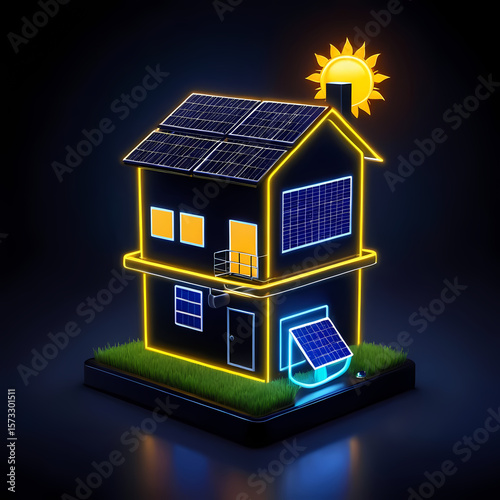 Neon house icon with solar panels and plug, symbolizing renewable energy. 