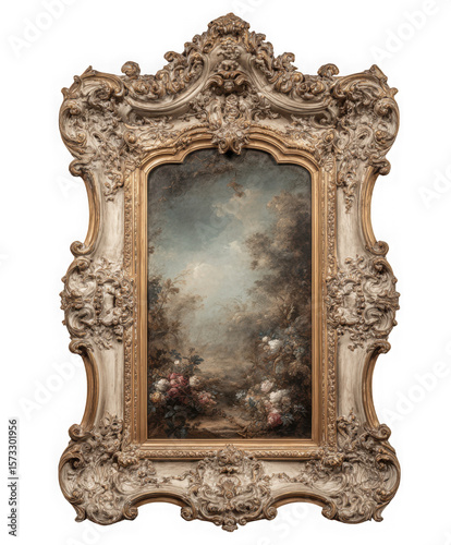 Ornate rococo frame surrounding a floral landscape painting isolated on transparent background