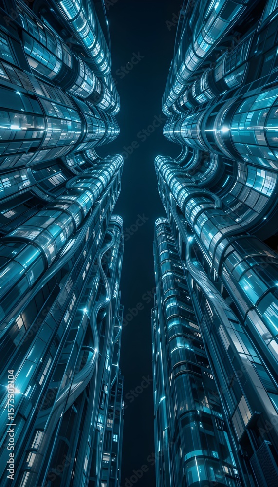 Obraz premium Neon Canopy: A Glimpse Upward Through the City of Tomorrow 