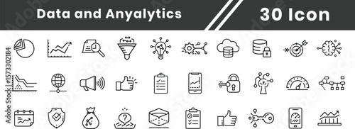 Data analytics thin line icon set collection. web icons Big data analysis technology symbol. Containing database, computing and network icons. Solid icons vector collection. Vector illustration EPS10