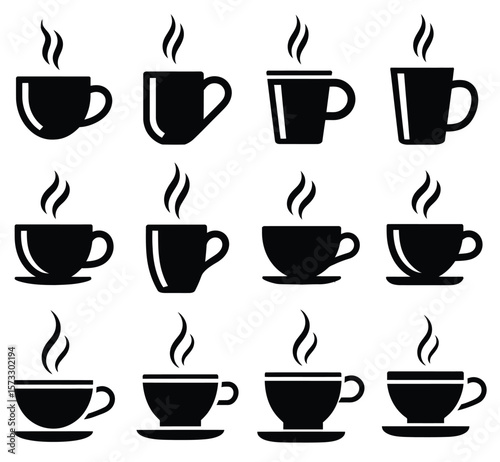 A collection of minimalist black silhouette icons depicting various styles of steaming hot beverages, including coffee cups, tea cups, and mugs, suitable for web, print, and graphic design projects
