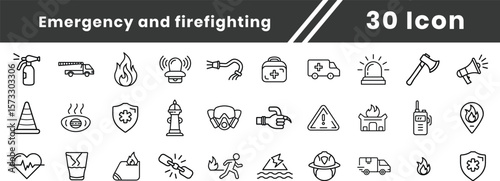 Firefighting and emergency Safety line icons set collection. safety, emergency, and protection symbols for prevention: match, flame, no fire sign, extinguisher, ranger, Vector illustration EPS10