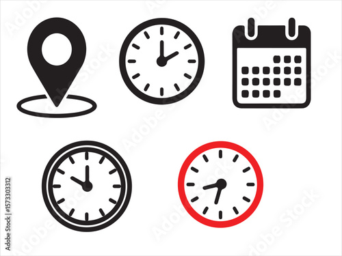 Collection of simple icons representing location time and calendar for planning and scheduling