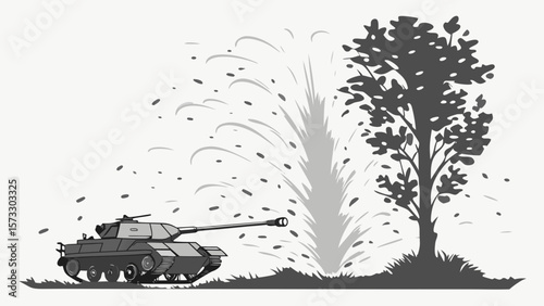 Tank firing at tree illustration vector graphic military vehicle war machine battle scene with explosion effect