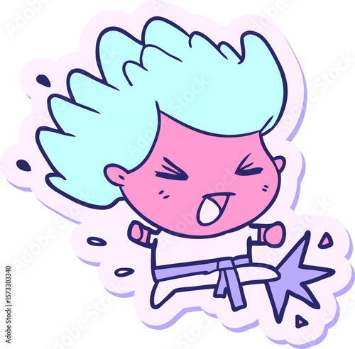 sticker of a cartoon kicking karate champ in bright neon color
