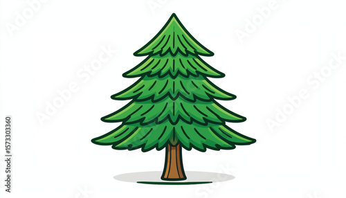 Cartoon evergreen tree with green needles brown trunk on white background
