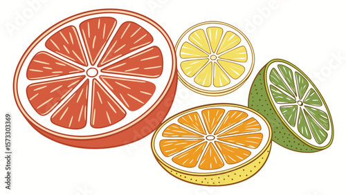 Fresh citrus fruit slices illustration: grapefruit, lemon, orange and lime for healthy eating concept