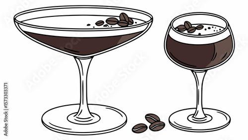 Espresso martini cocktail recipe with coffee beans garnish in stylish glasses vector illustration design