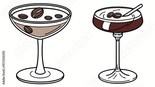 Espresso martini cocktail recipe with coffee beans garnish in coupe glass vector illustration