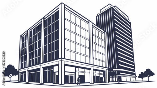 Architectural drawing of modern office buildings and skyscraper with tree line in black and white style art 100