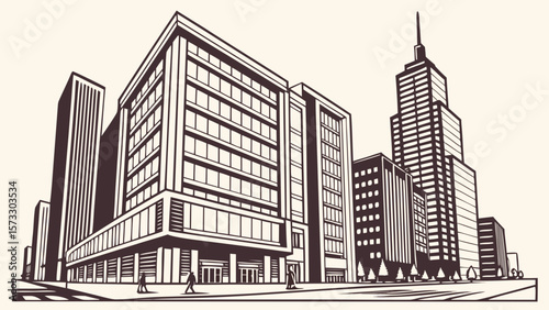 Downtown cityscape illustration with skyscrapers and office buildings for architectural design projects