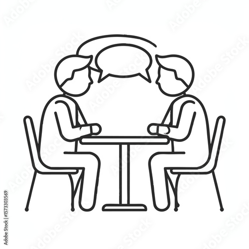 Two people sit at a table facing each other engaged in conversation indicated by a speech bubble above them