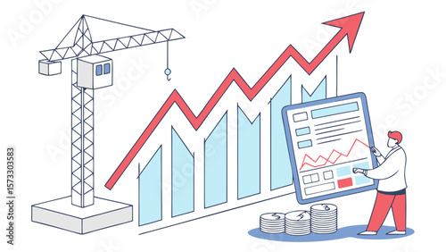 Construction industry growth and financial analysis report with crane and upward trending graph line chart
