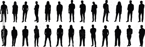 Diverse Group of People Silhouettes Standing Vector Collection: Full-Body Views of Men and Women in Various Poses, Minimalist Flat Design for Crowd Scenes and Architectural Renderings, 