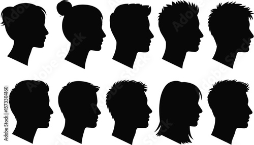 Diverse Human Head Silhouettes Vector Collection: Profile Views of Men and Women with Various Hairstyles, Minimalist Flat Design for Avatars and User Icons, CAD Drawing Flat Vector Illustration