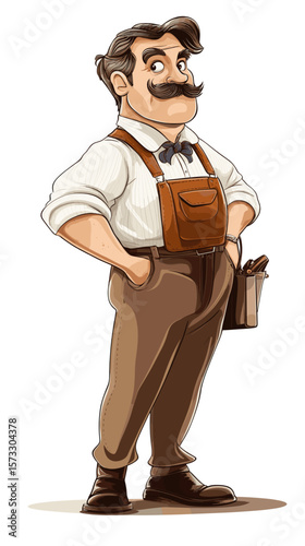 Cartoon man in suspenders with mustache holding a clipboard  