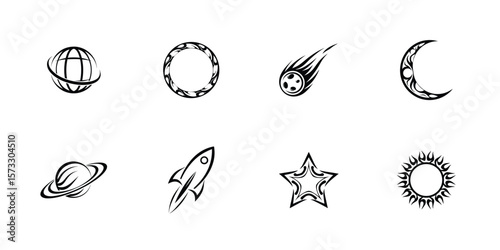 Space symbols silhouette icon set with planets rockets stars galaxies satellites comets and asteroids in minimal vector style for science and astronomy

