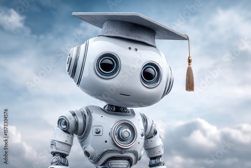 Cute Robot with Graduation Cap Under Cloudy Sky