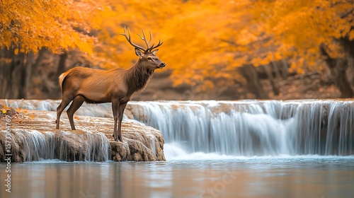 Majestic deer stands beside a tranquil waterfall in an autumnal forest.