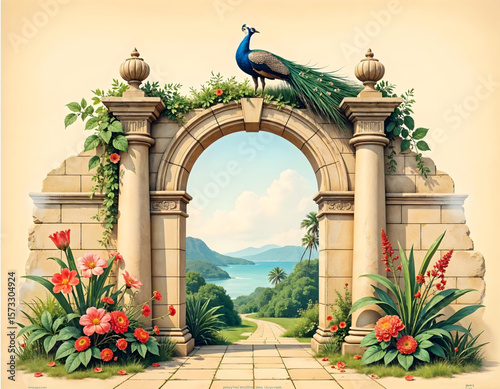 Roman Arch Jungle Mural Vector – Ancient Structure with Peacock, Birds, Tropical Plants, and Watercolor Flowers in Elegant Botanical Wallpaper Illustration