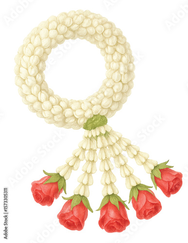 Watercolor Thai Jasmine Garland with Red Rose Tails 