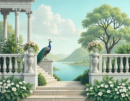 Greek Garden Vector – Vintage Scene with Peacock, Staircase, Abstract Tropical Plants and Decorative Elements for Elegant Wallpaper and Interior Wall Art
