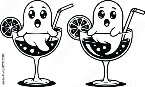 Cute Ghost Cocktail Illustration, Funny Halloween Drink Art Vector.

