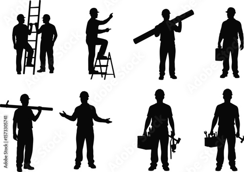 Collection of Construction Worker Silhouettes in Various Poses, Including Builders, Handymen, and Tradesmen with Tools, Flat Vector Illustration for Industry Concepts