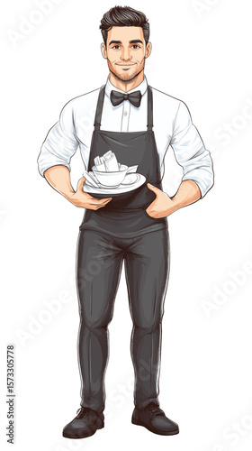 Young male waiter holding plates in uniform with a friendly smile  