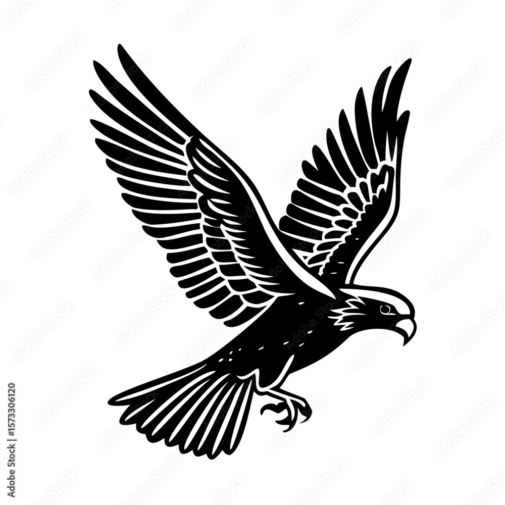 Obraz premium Dynamic Flying Eagle Silhouette - Majestic Bird of Prey Outline Illustration for Logos, Mascots, and Freedom Themes