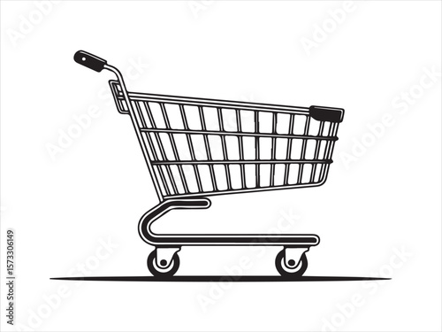 Black and white illustration of a shopping cart on a white background