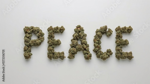 Peace word art creatively shaped with cannabis buds symbolizing natural wellness relaxation and alternative holistic healing concept