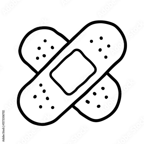 Black and white doodle of crossed band-aids in simple design  