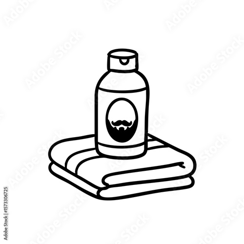 Beard conditioner bottle on a towel in black and white sketch style  