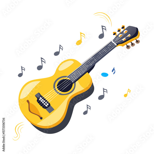 "Yellow Acoustic Guitar Illustration with Musical Notes – Vibrant Music Design for Posters, Merch, Decor or Creative Graphic Projects"