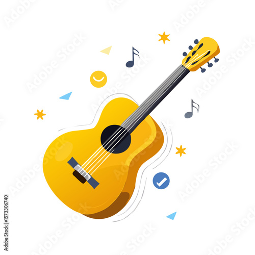 "Yellow Acoustic Guitar Illustration with Musical Notes – Vibrant Music Design for Posters, Merch, Decor or Creative Graphic Projects"