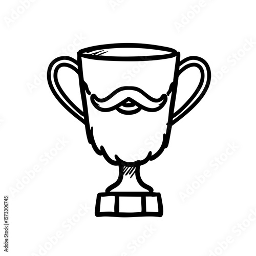 Cartoon trophy with a beard design in a black and white sketch style  