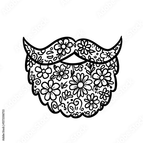 Doodle of a beard decorated with flowers in a black and white sketch  
