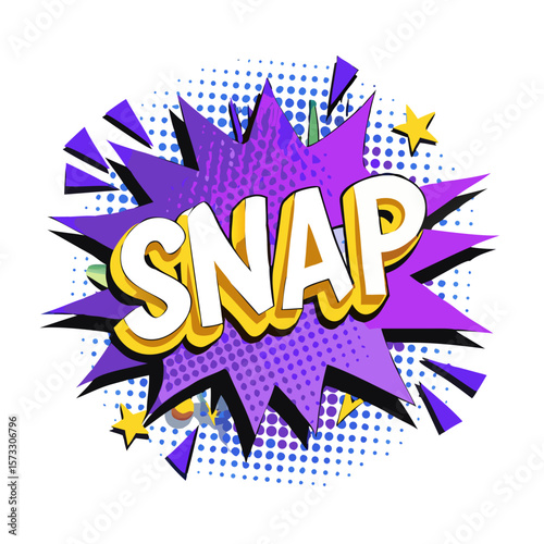 "Comic Book SNAP! Text Explosion Graphic – Retro Pop Art Caption Bubble with Yellow Letters, Purple Burst, and Stars for Posters or Digital Media"