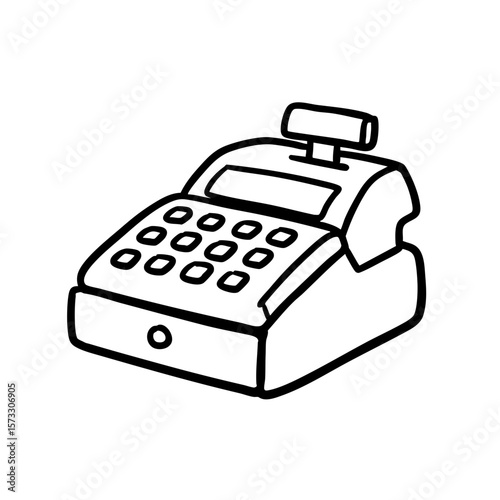 Doodle of a cash register in black and white sketch style  