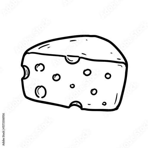 Black and white sketch of a piece of cheese with holes  