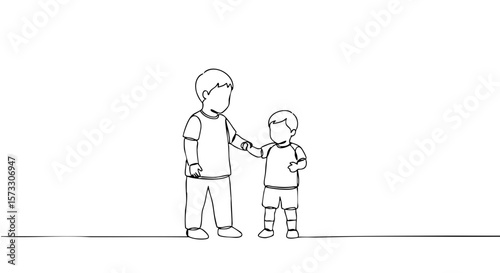 Older brother helping younger sibling in simple black and white sketch  