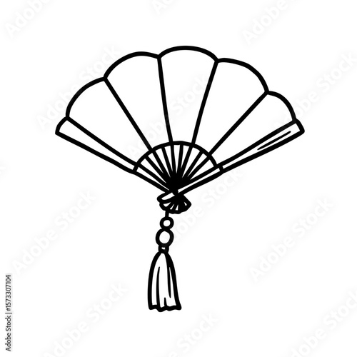 Black and white sketch of a decorative fan with tassel  
