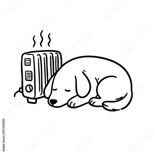 Sleeping dog curled up near a heater in a black and white doodle  