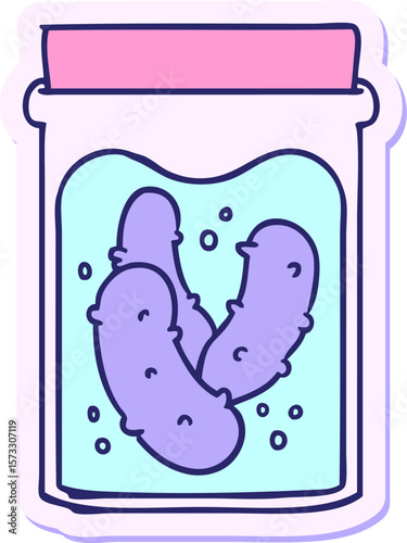 hand drawn sticker cartoon doodle jar of pickled gherkins in bright neon color